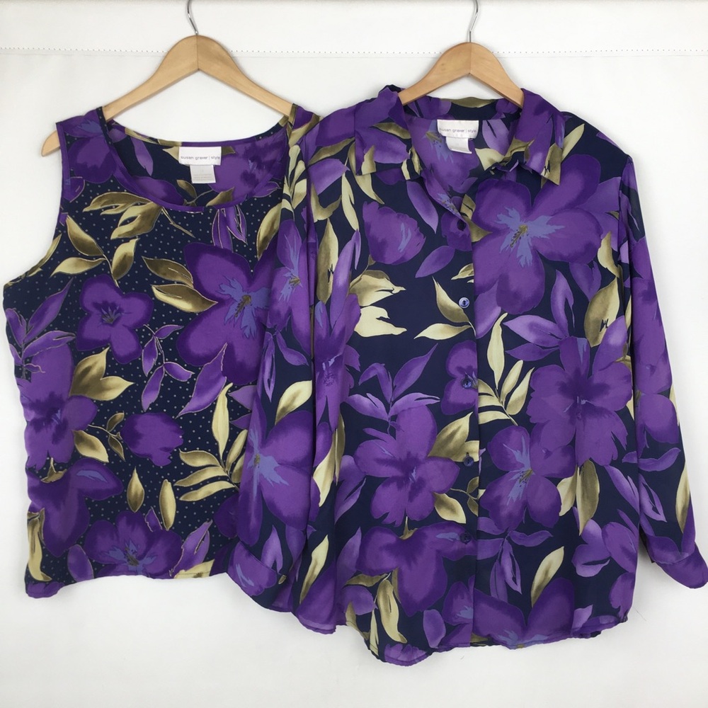 Susan Graver Womens Top Blouse & Matching Cami Tank Top 1X Purple Floral Sheer